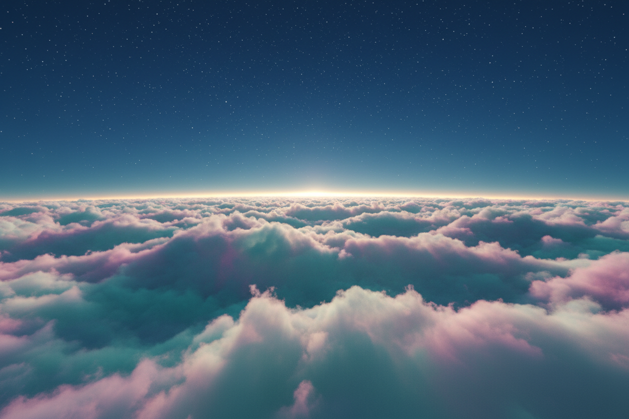 A cinematic wide-angle horizon of a vast, ethereal sky. The bottom of the frame is filled with soft, thick iridescent clouds in shades of teal and cotton candy pink. A single, glowing golden horizon line in the distance. No people, no characters. Minimalist, high-end 3D render style, 8k resolution, dreamy and peaceful. --ar 21:9"